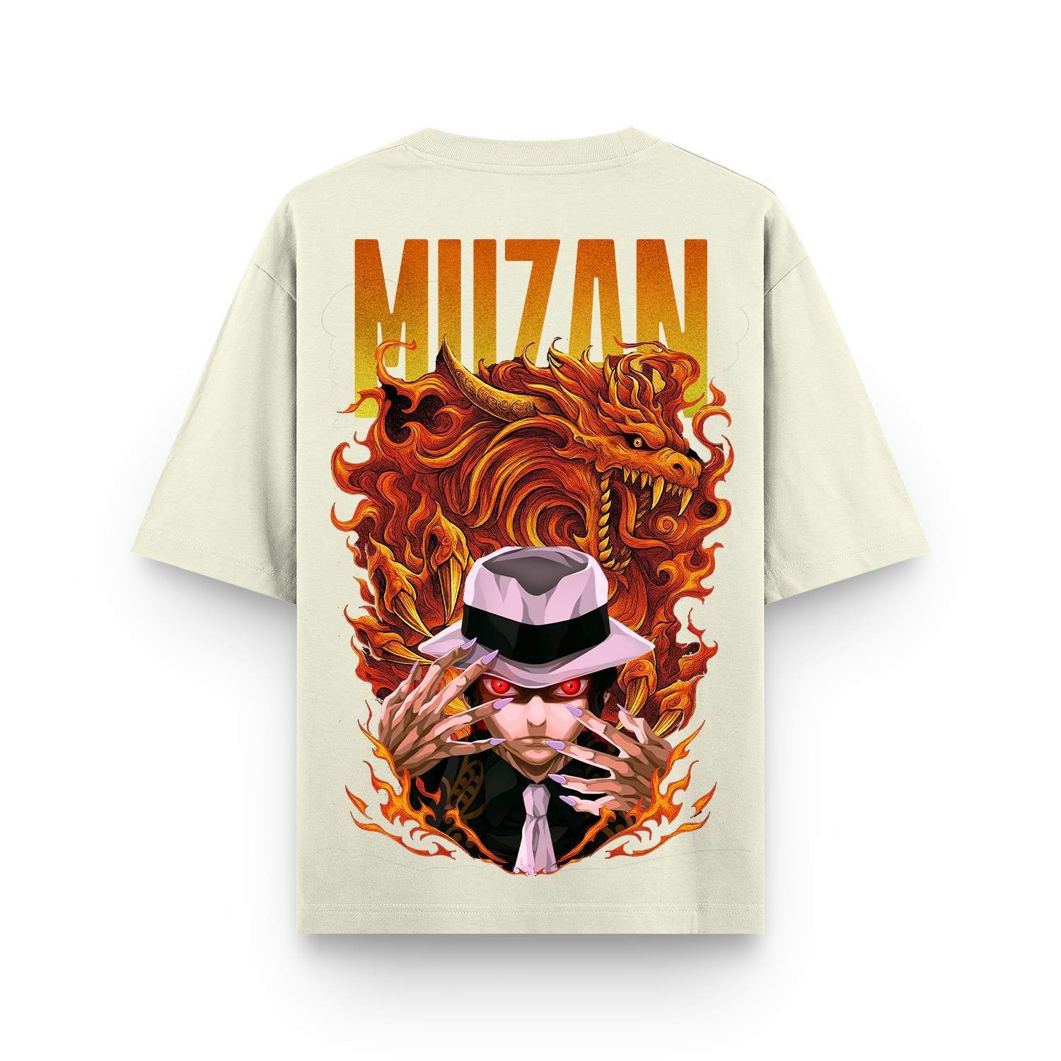 Beige t-shirt with a graphic design of a character with flames and 'Muzan' text on the back.