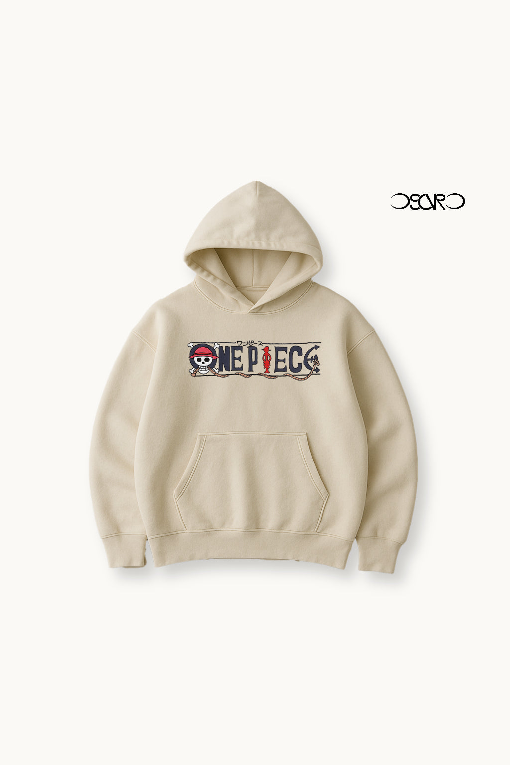 Beige hoodie with One Piece logo on a white background