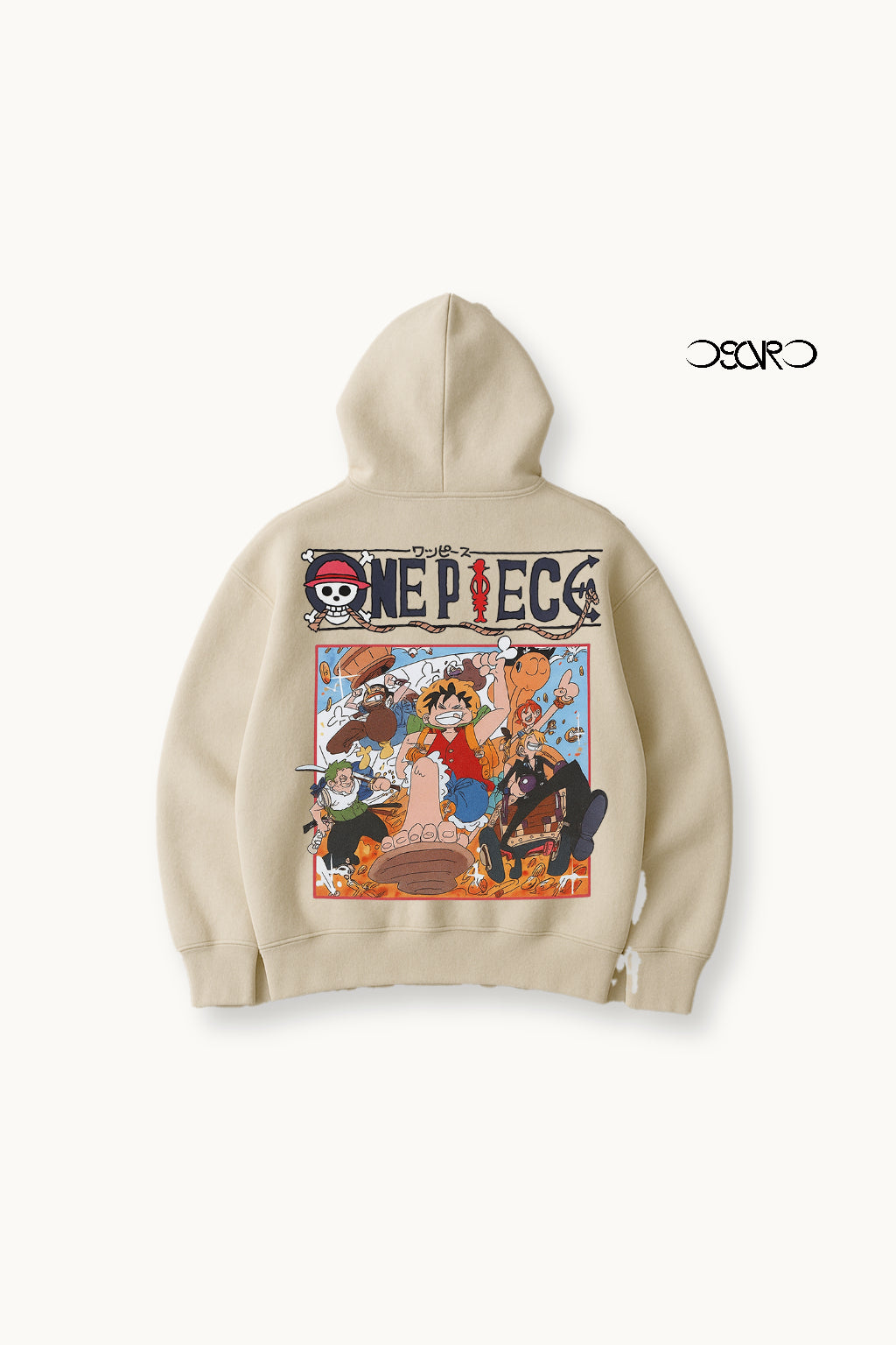 Beige hoodie with 'One Piece' graphic design on a white background