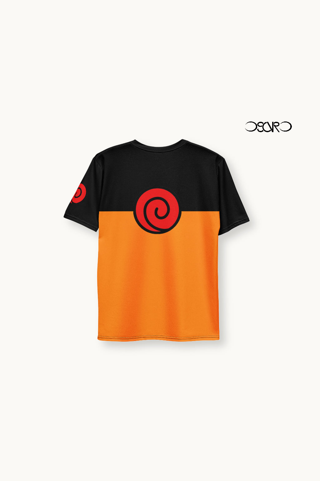 Black and orange t-shirt with red circular design on a white background