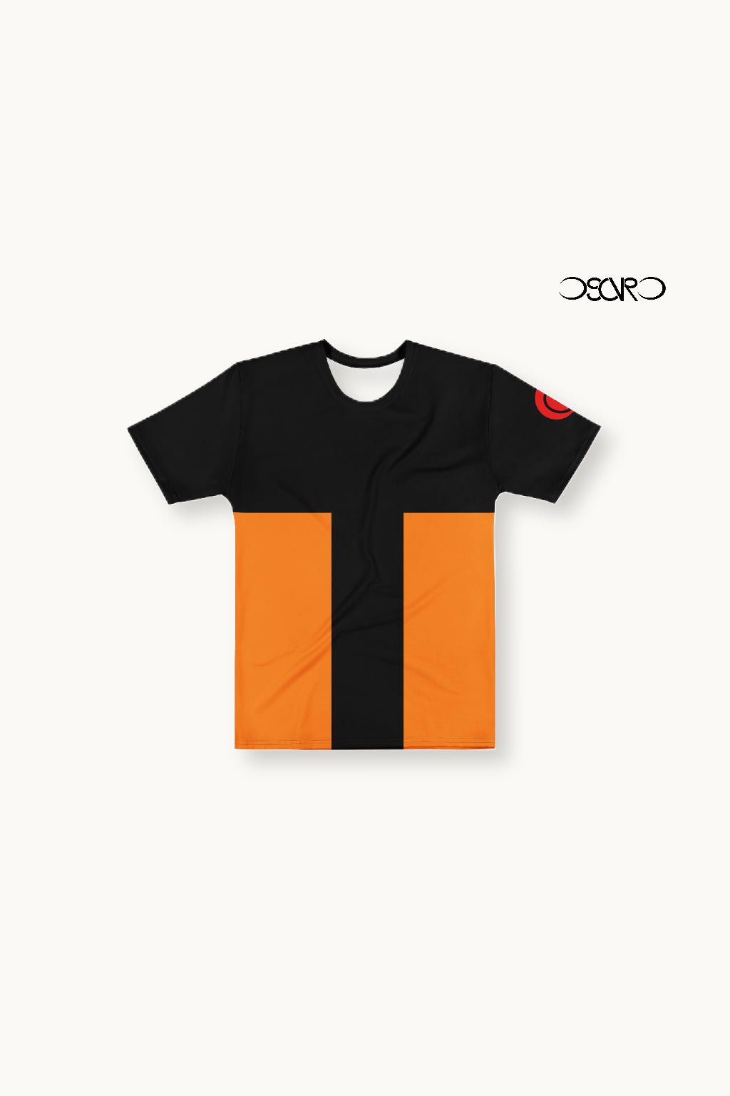 Black and orange t-shirt with a logo on a white background