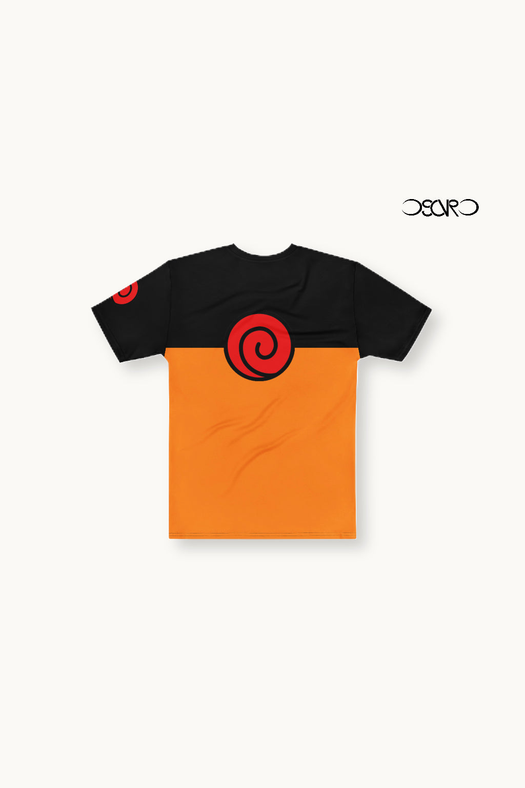 Black and orange t-shirt with a red circle logo on a white background