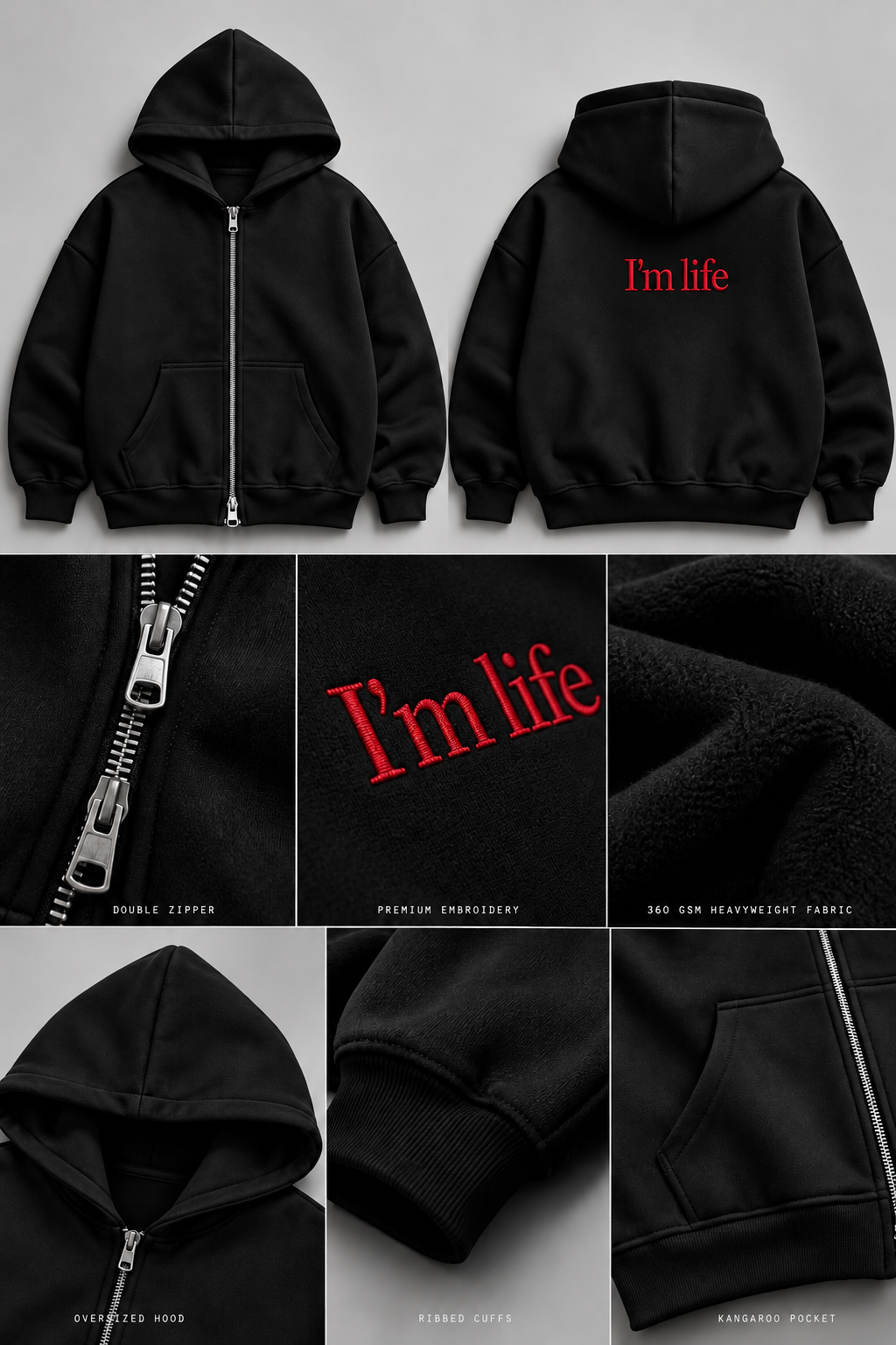 I am LIFE Heavyweight Embroidered Zipup Hoodie