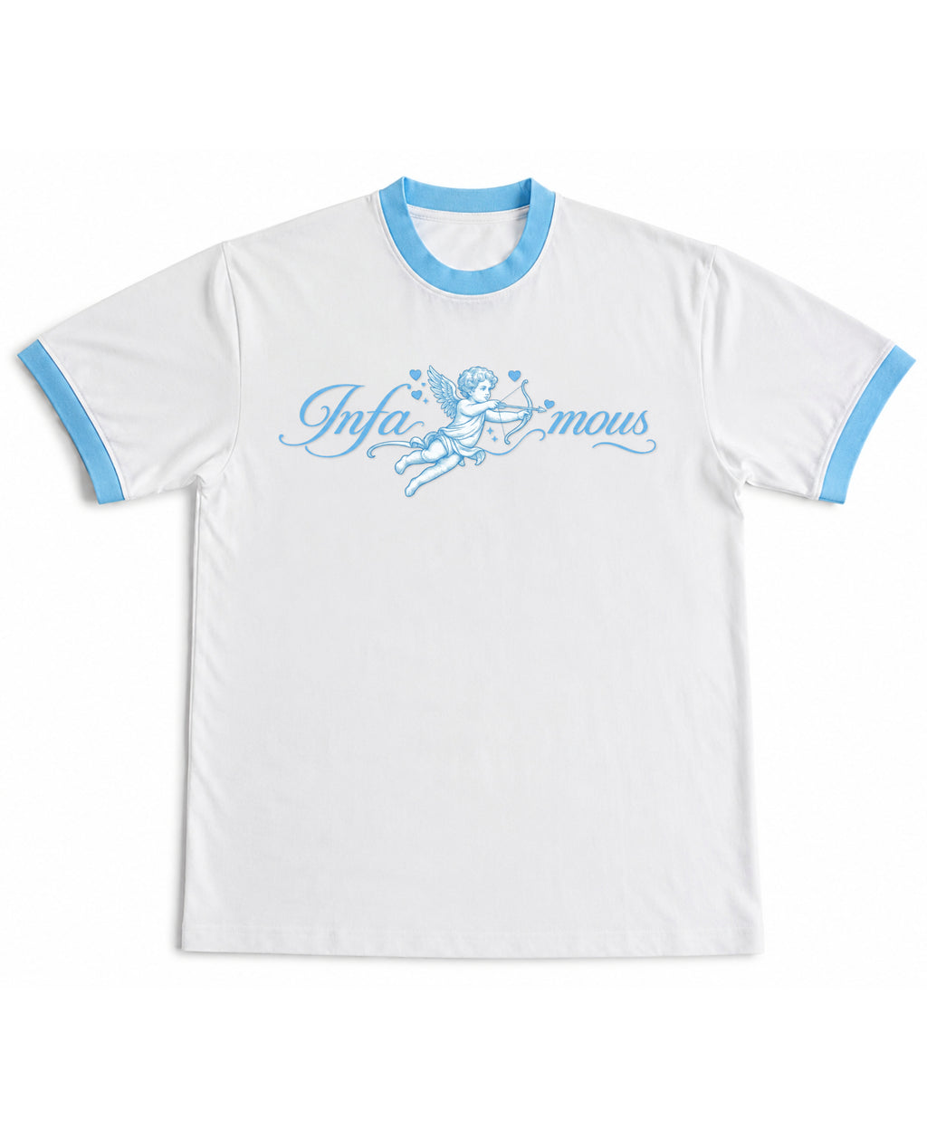 White & Sky Blue Ringer tee Front Design