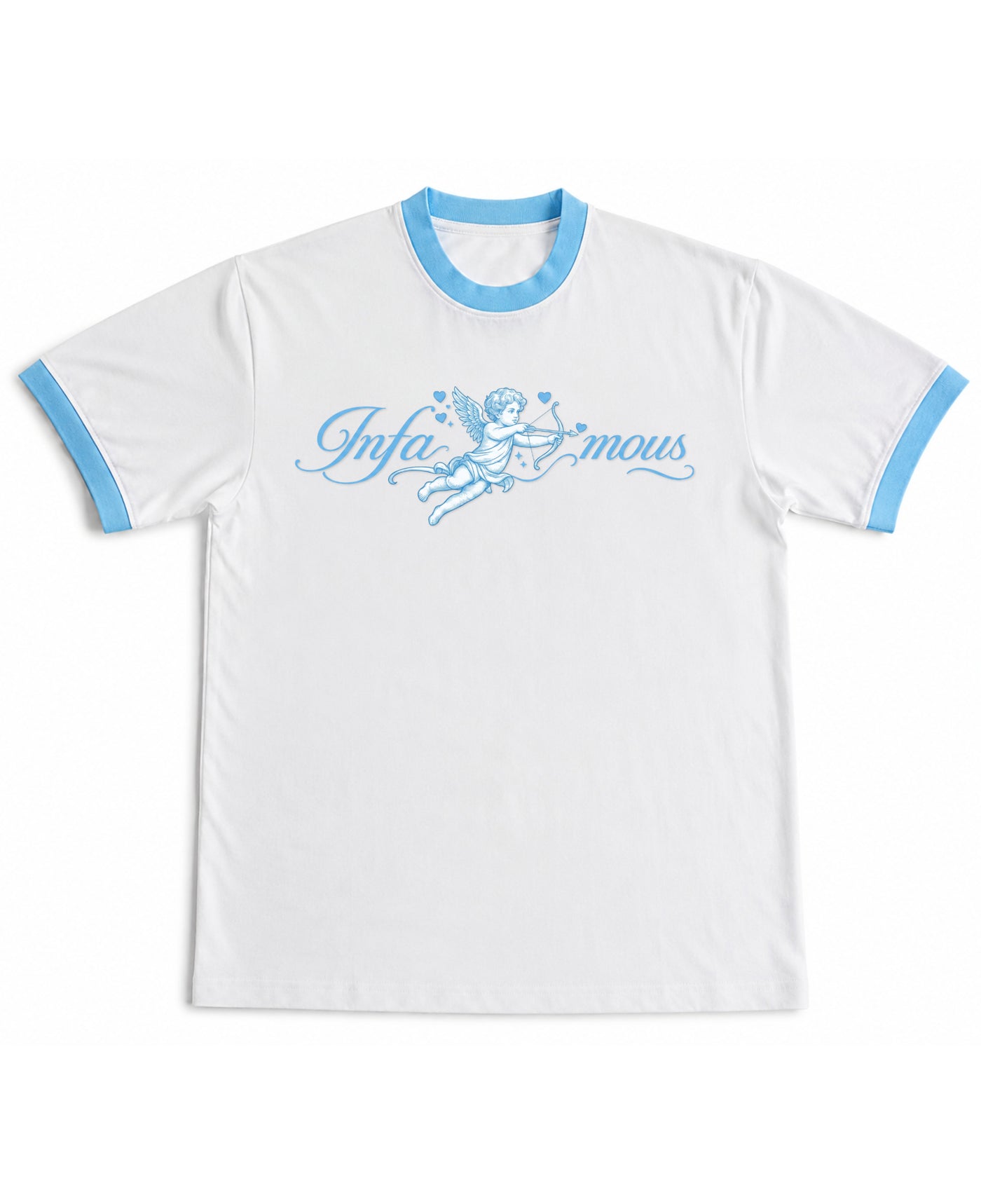 White & Sky Blue Ringer tee Front Design